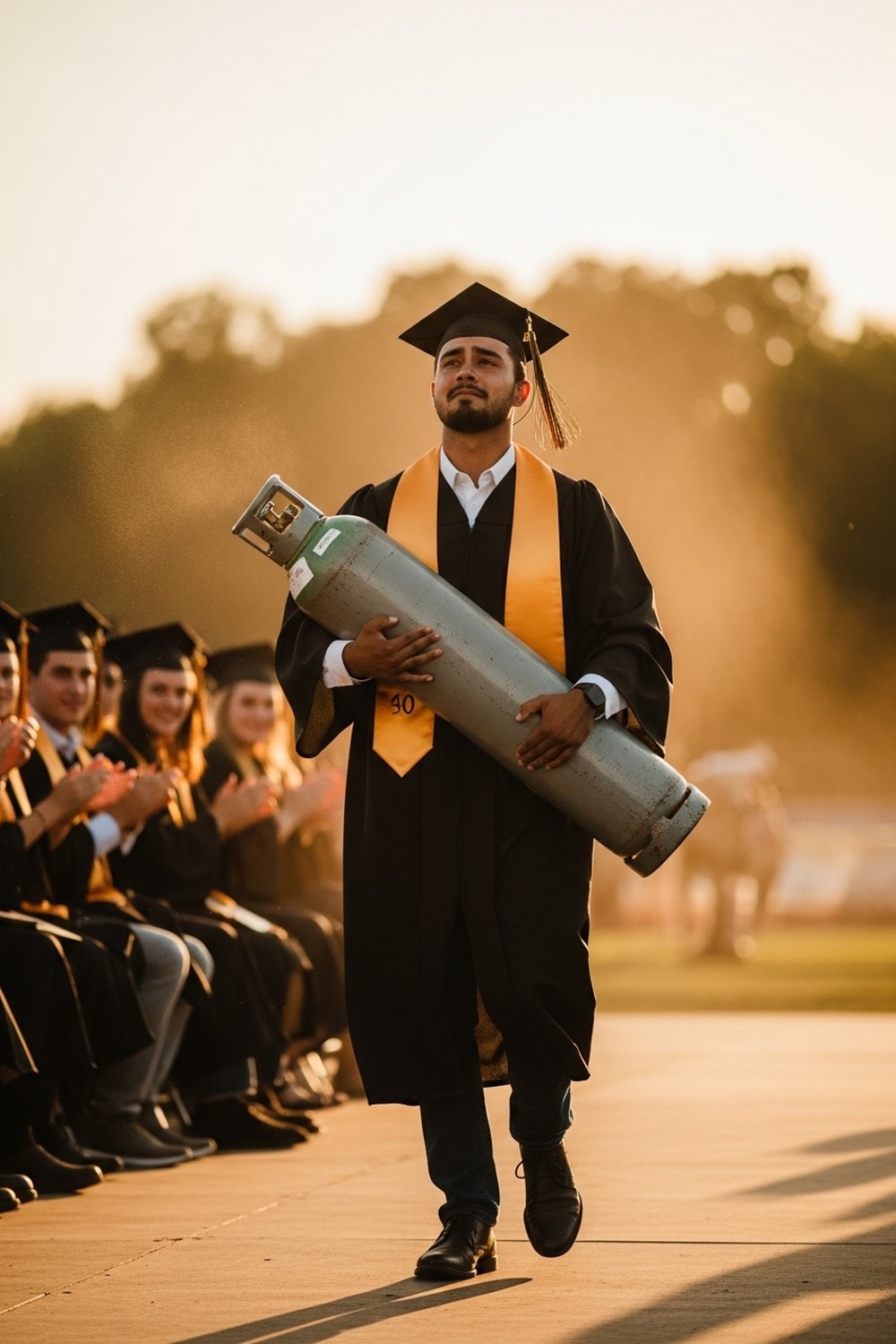 Young graduate carrying a heavy gas cylinder across a graduation stage with pride
