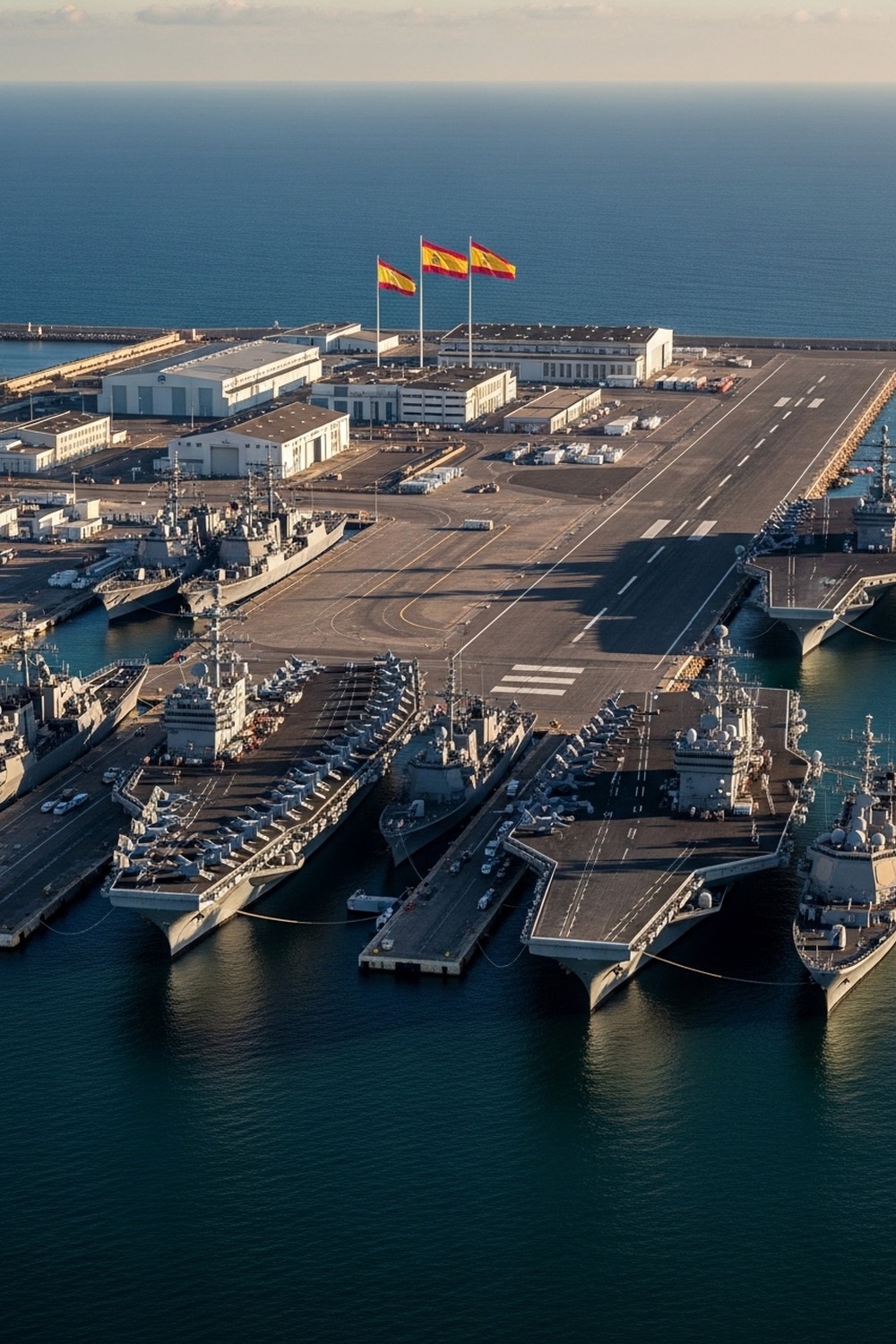Aerial view of Naval Station Rota Spain with warships docked at strategic Atlantic port