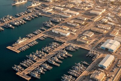 Aerial view of Naval Station Rota in southern Spain at dusk with warships docked