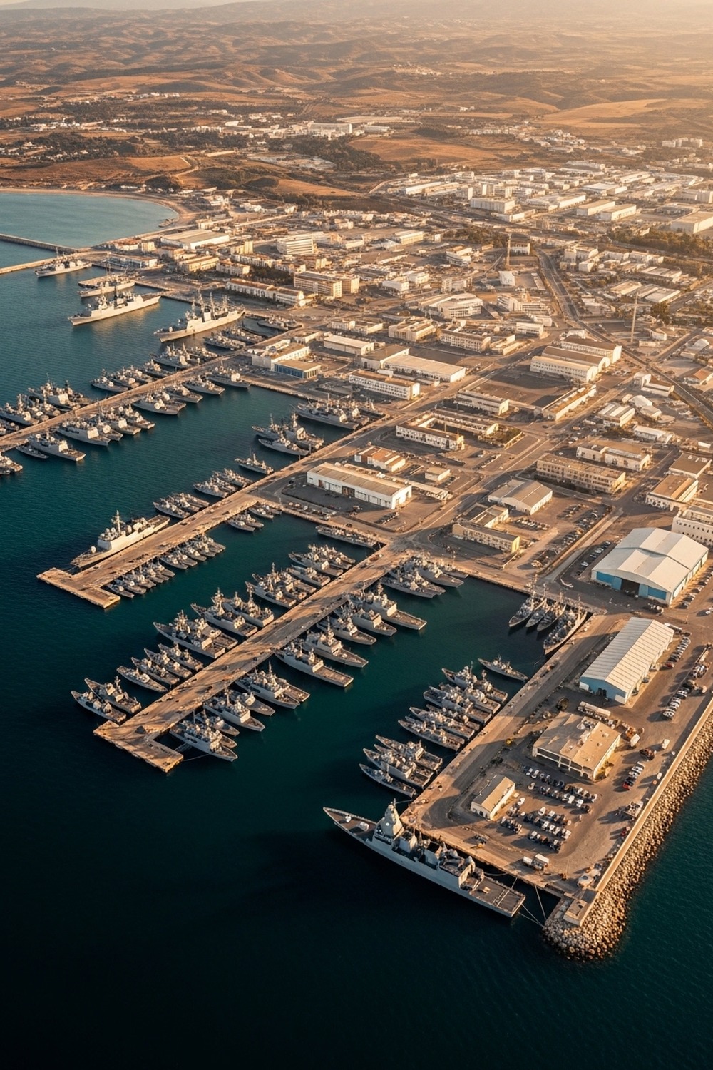 Aerial view of Naval Station Rota in southern Spain at dusk with warships docked
