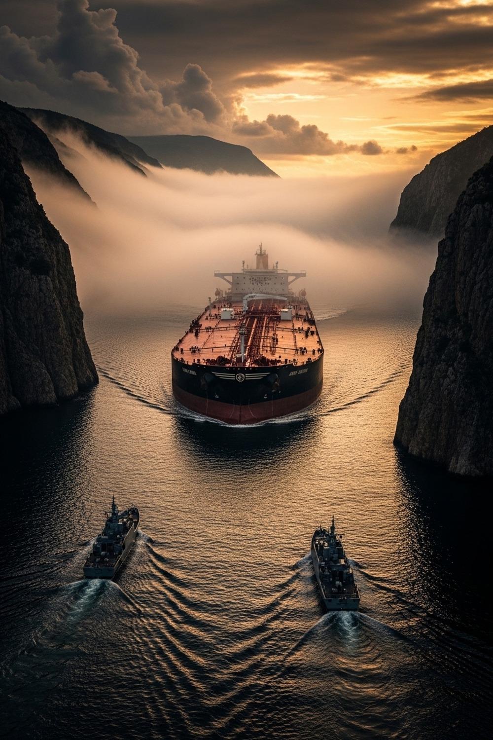 Massive oil tanker navigating the narrow Strait of Hormuz at dusk under tense skies