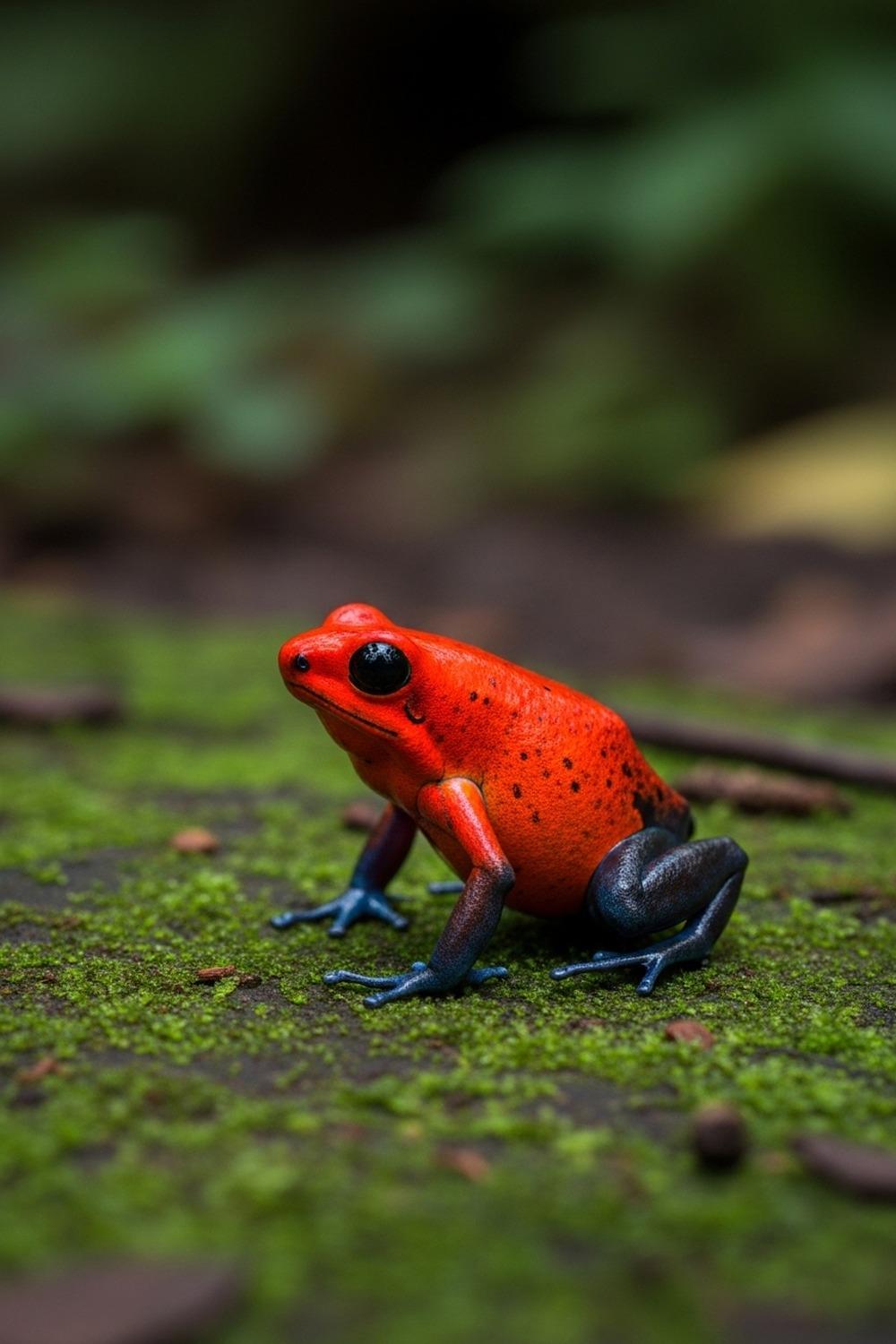 Brilliant red strawberry poison frog perched on a mossy rainforest floor in Costa Rica