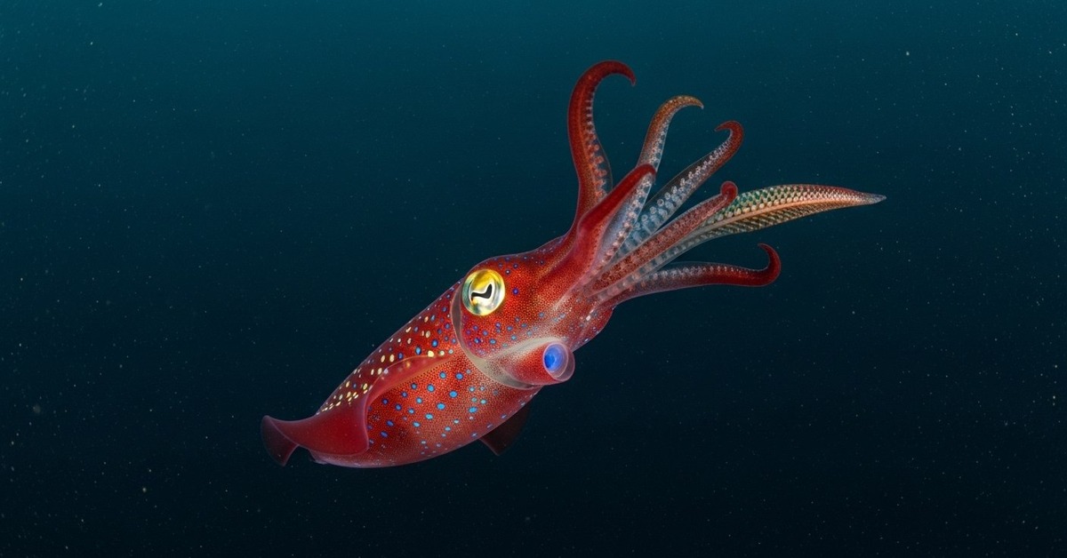 Close-up of strawberry squid bioluminescent spots pulsing against black water