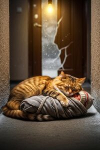 A gentle tabby cat curled protectively around a bundled infant in a cold entryway