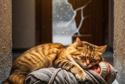 A gentle tabby cat curled protectively around a bundled infant in a cold entryway