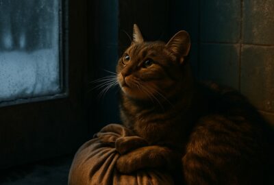 A stray tabby cat curled protectively around a bundled newborn in a snowy Russian apartment entryway