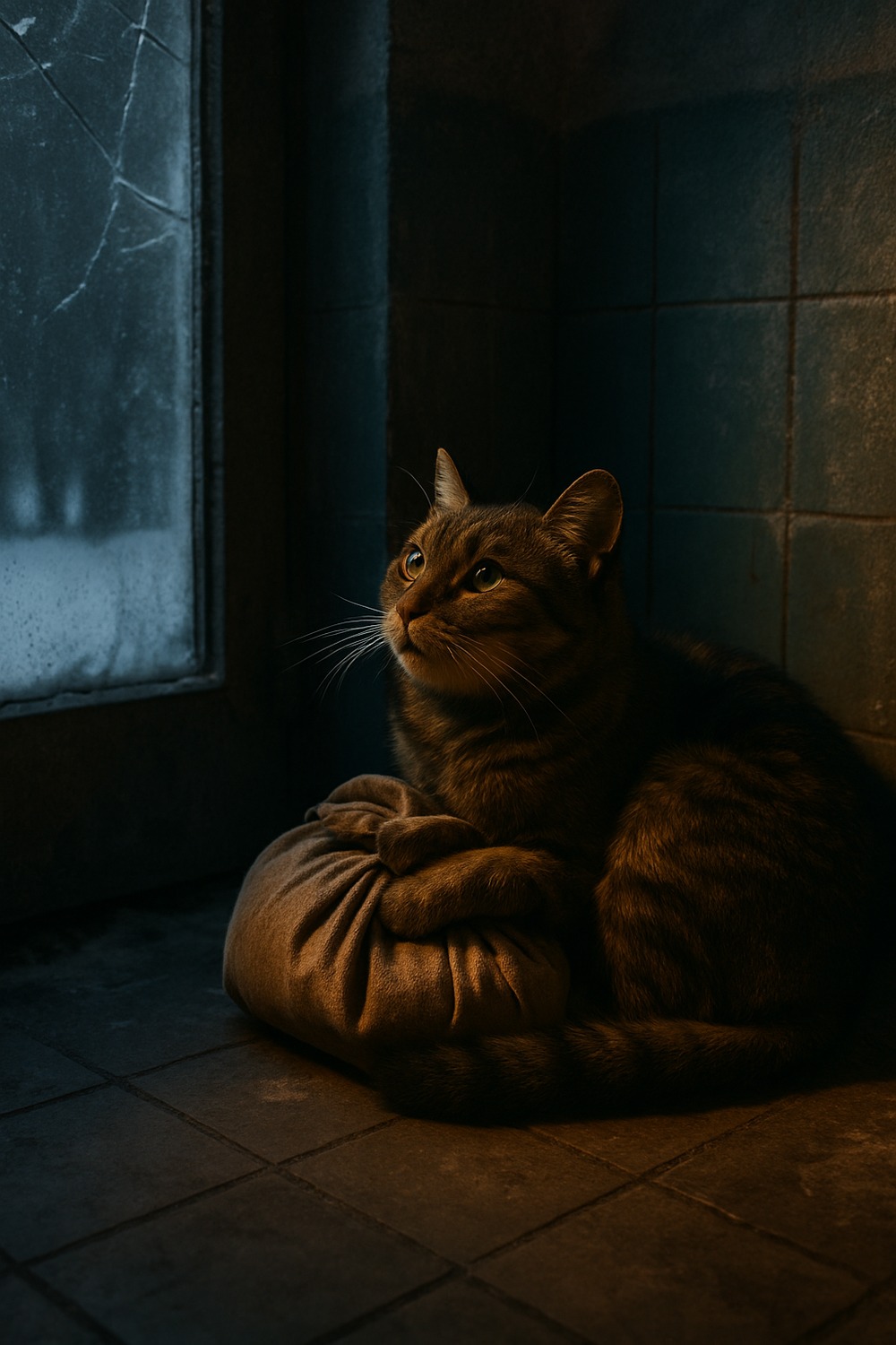 A stray tabby cat curled protectively around a bundled newborn in a snowy Russian apartment entryway