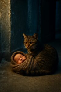 A small stray cat curled protectively around a bundled infant in a snowy entryway
