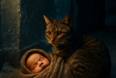 A small stray cat curled protectively around a bundled infant in a snowy entryway