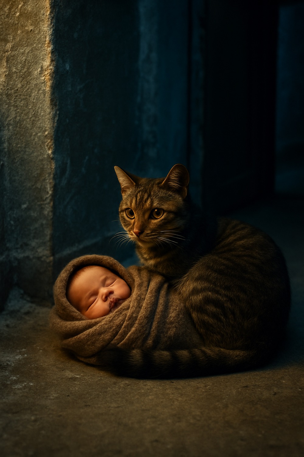 A small stray cat curled protectively around a bundled infant in a snowy entryway