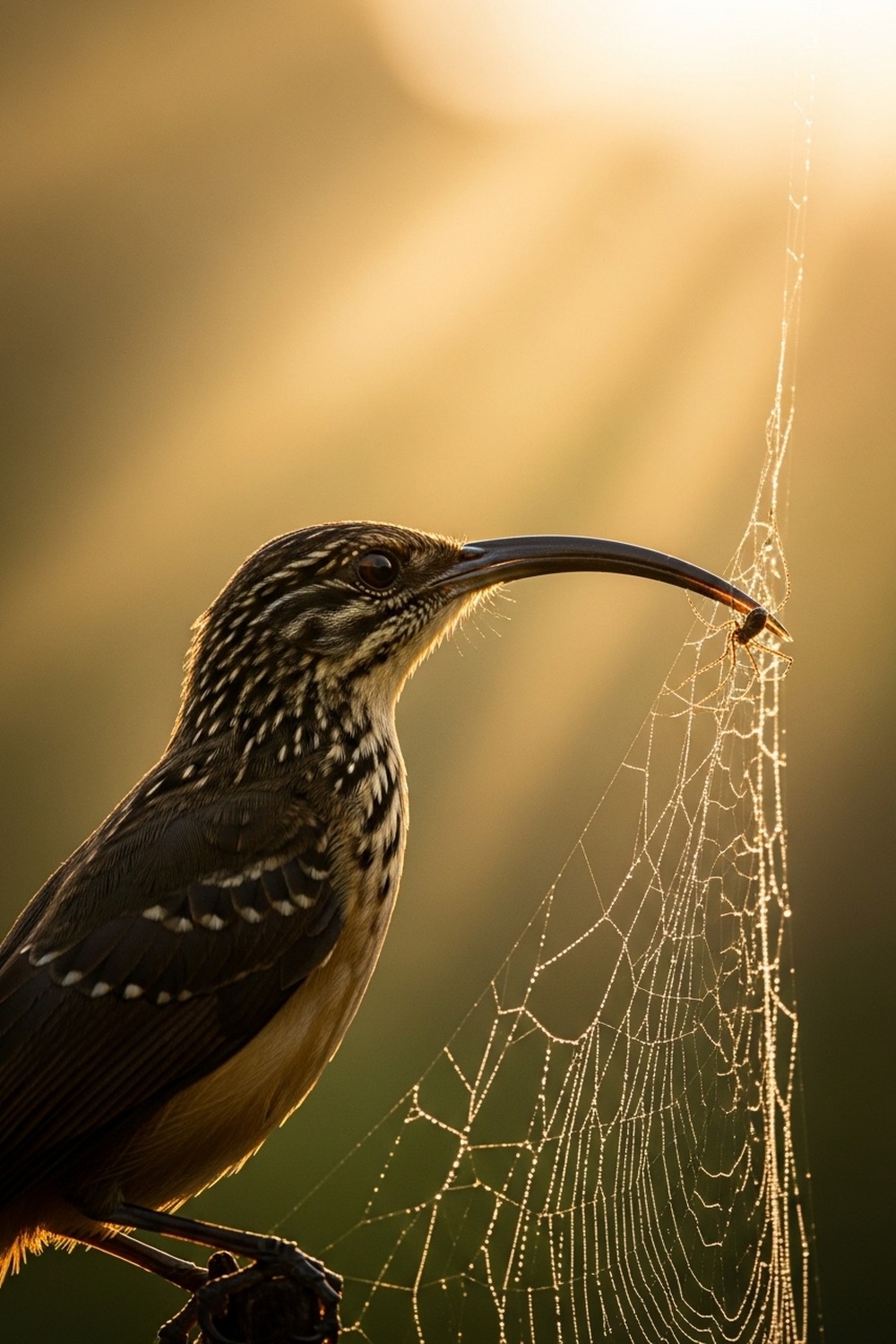 Streaked Spiderhunter bird perched on a branch with curved bill in Southeast Asian forest
