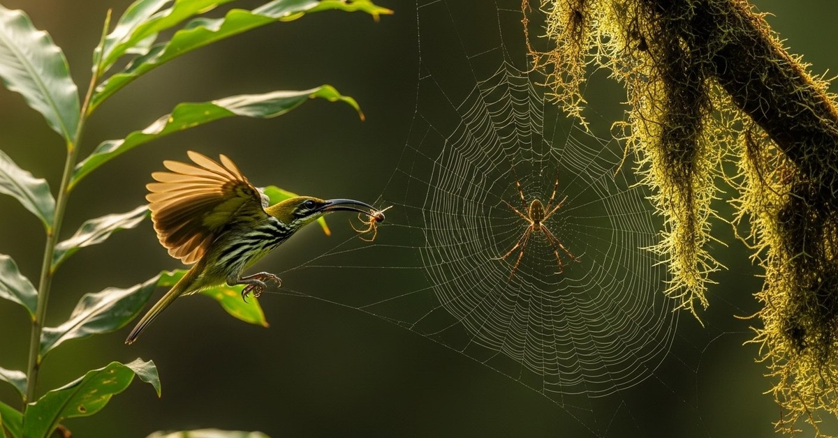 Close-up of Streaked Spiderhunter feeding from a tubular heliconia flower in the wild