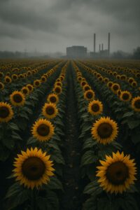 Rows of bright sunflowers growing near an abandoned nuclear disaster zone landscape