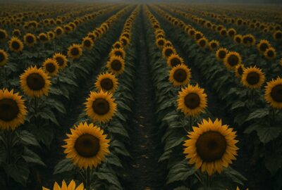 Rows of bright sunflowers growing near an abandoned nuclear disaster zone landscape