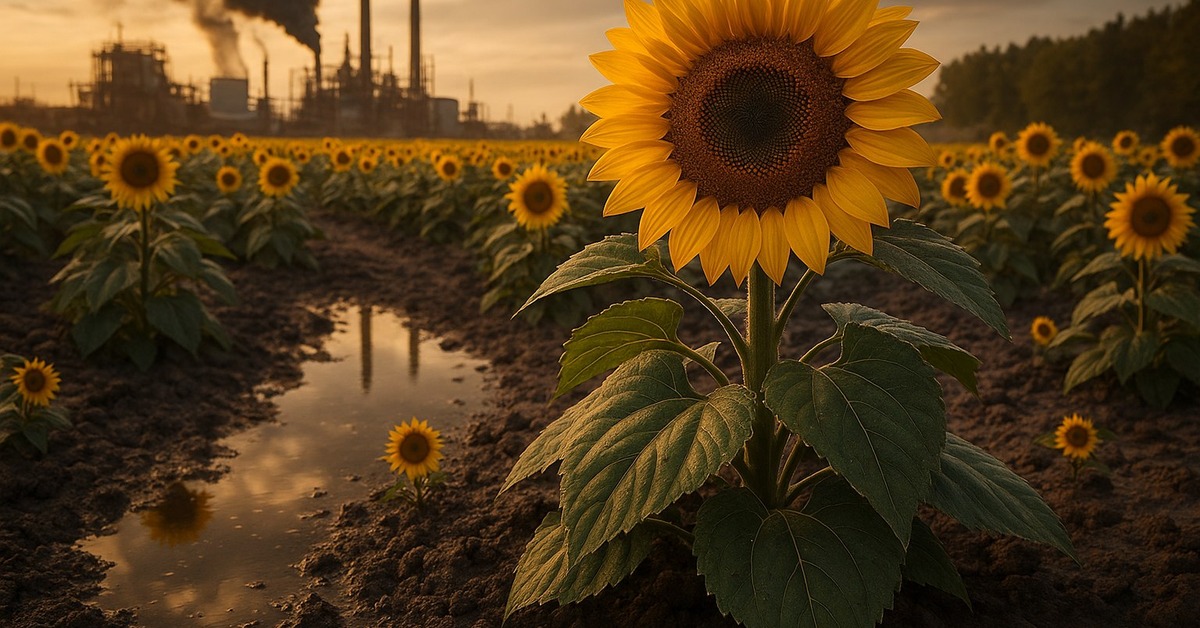 Close-up of sunflower roots submerged in murky contaminated water on floating rafts