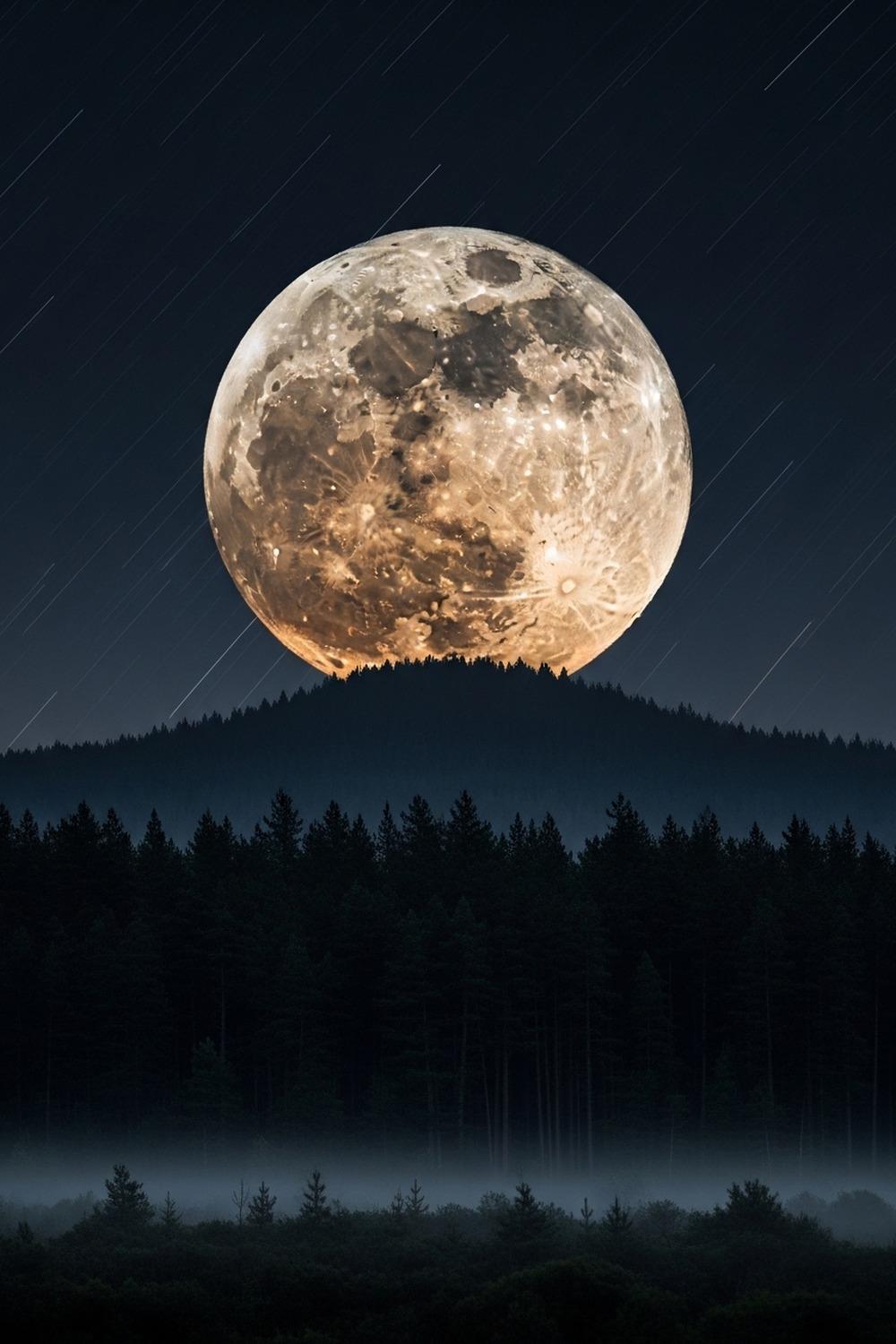 A massive supermoon rising low over a dark forest treeline at night