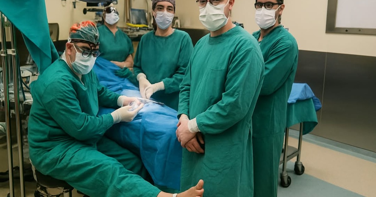 Seated surgeon in scrubs works at operating table with IV line visible below