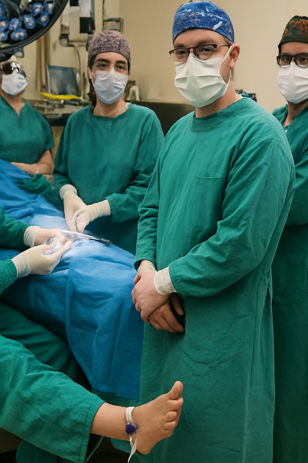 Surgical team in teal scrubs performing procedure under bright OR lighting