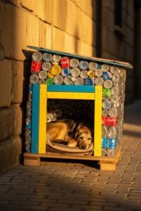 Colorful plastic bottle dog shelter against a worn city wall in Spain on a cold winter night