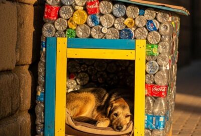 Colorful plastic bottle dog shelter against a worn city wall in Spain on a cold winter night