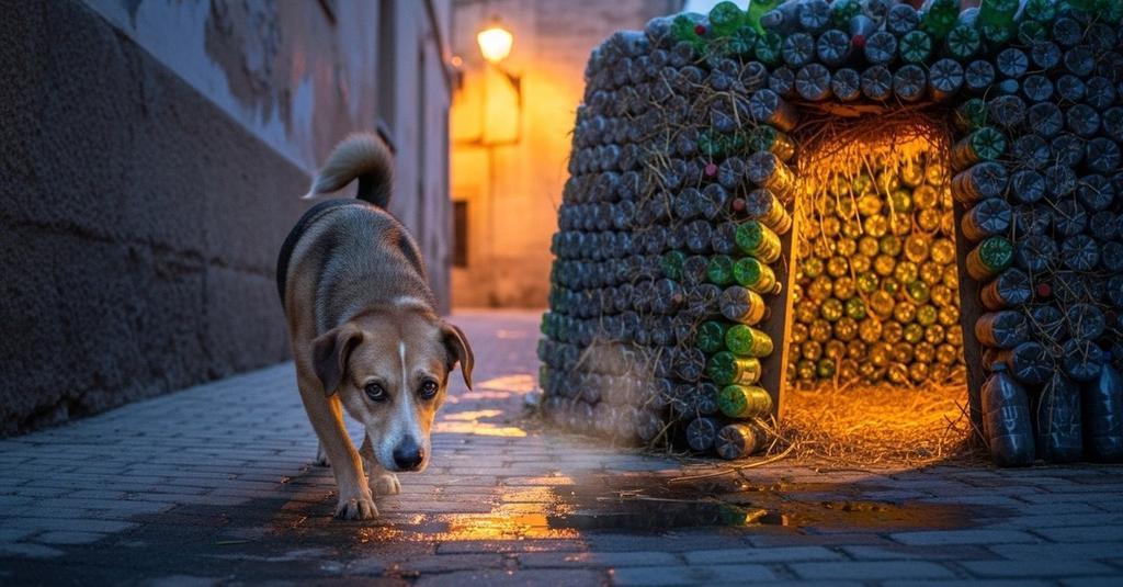 Stray dog resting warmly inside a bright handmade recycled bottle shelter on a cobblestone street