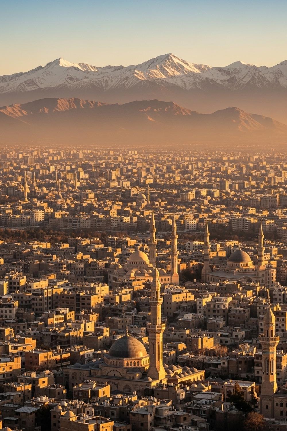 Vast Tehran cityscape stretching toward snow-capped Alborz Mountains at sunrise