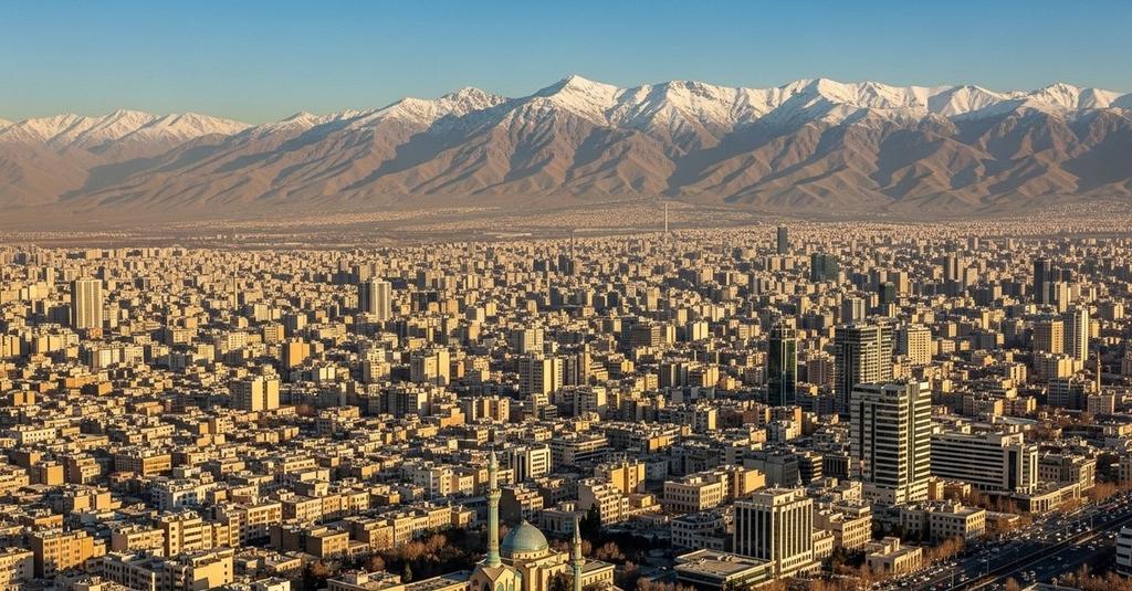 Aerial view of dense Tehran urban sprawl across high-altitude Iranian plateau