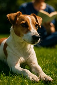 Person in straw hat reads aloud to attentive Jack Russell Terrier on sunny green lawn
