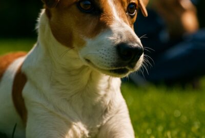 Person in straw hat reads aloud to attentive Jack Russell Terrier on sunny green lawn