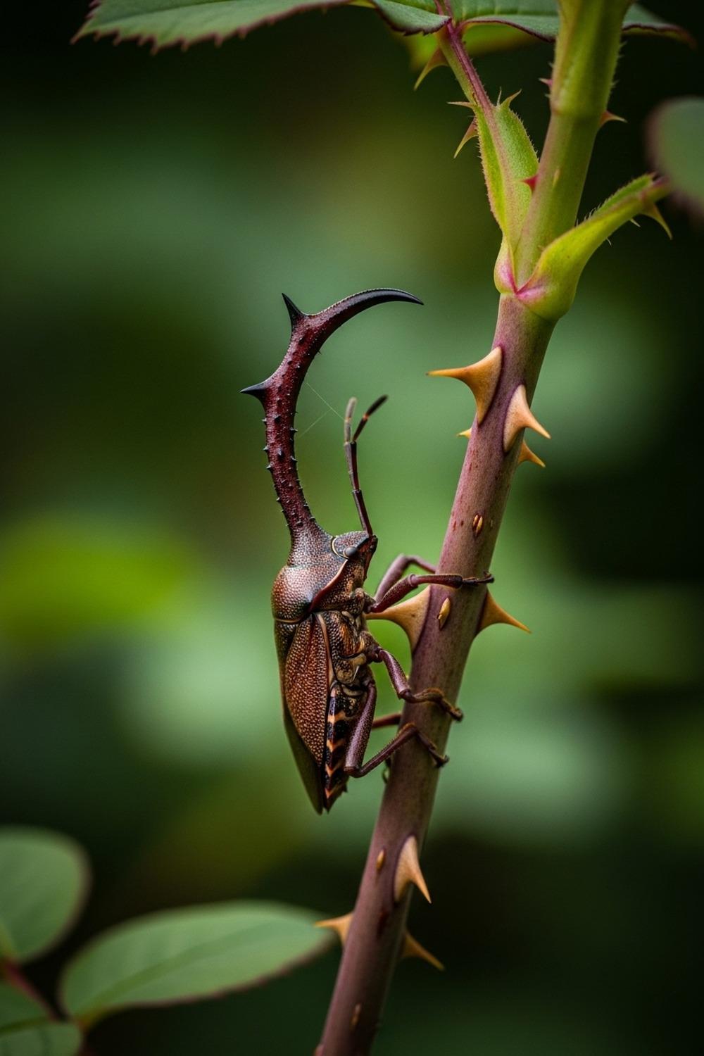 Umbonia crassicornis thorn bug perched on a stem resembling a sharp plant thorn