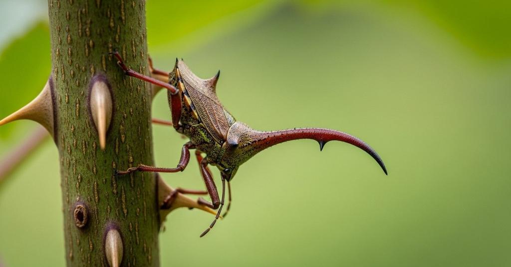 Close-up of a thorn bug mother guarding her eggs on a woody twig