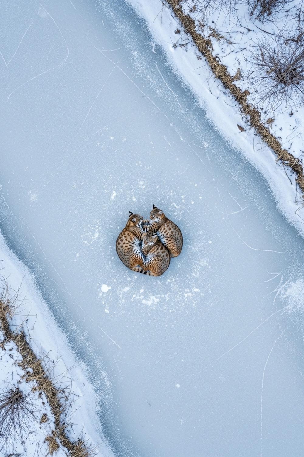 Three wild bobcats lying together on a frozen river in winter landscape