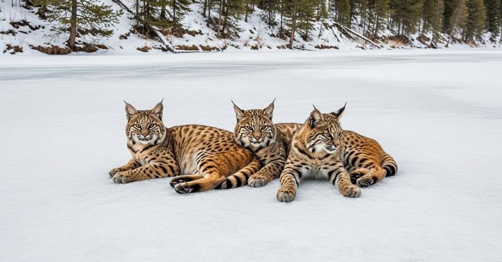 Close aerial drone view of spotted bobcat resting on frost covered ice