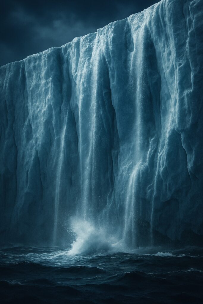 Massive Antarctic ice wall with waterfalls cascading into dark churning ocean below