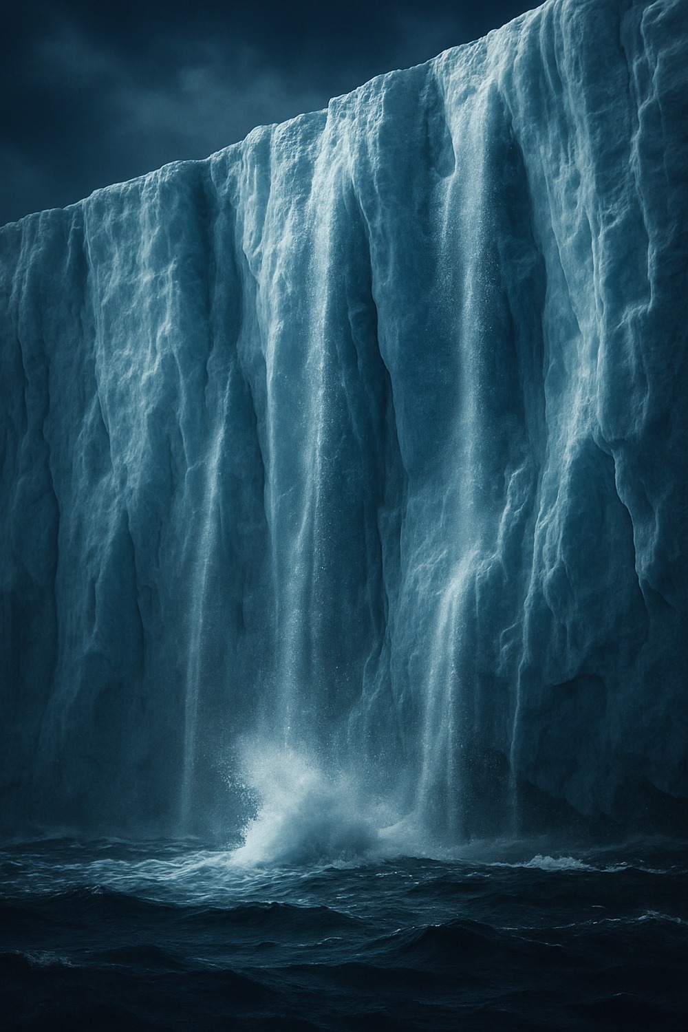Massive Antarctic ice wall with waterfalls cascading into dark churning ocean below