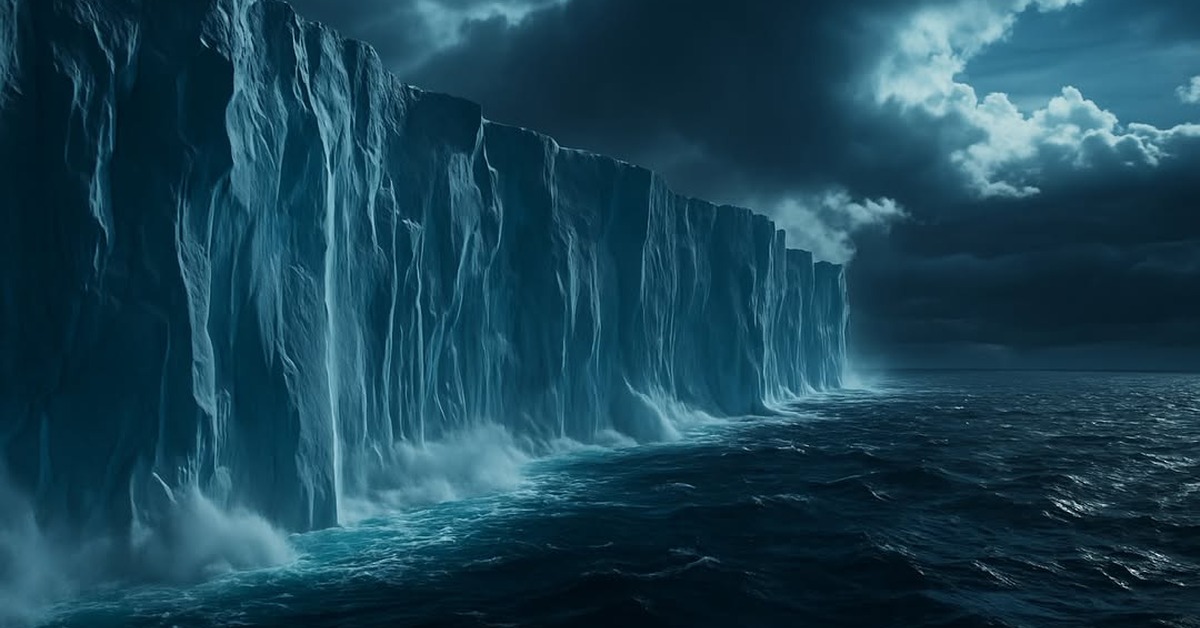 Aerial view of fractured Antarctic glacier face meeting turbulent polar sea