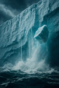 Massive Antarctic ice cliff calving into dark stormy polar seas below