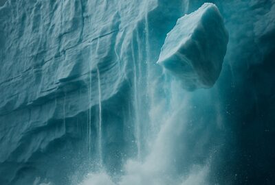 Massive Antarctic ice cliff calving into dark stormy polar seas below