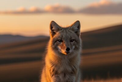 A Tibetan fox with its iconic flat deadpan face sitting on a rocky high-altitude plateau