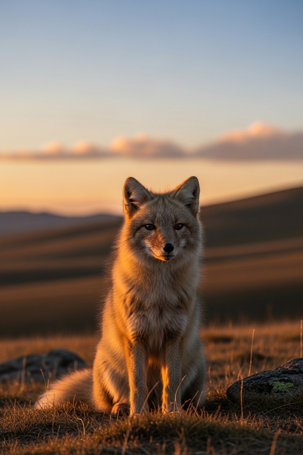 A Tibetan fox with its iconic flat deadpan face sitting on a rocky high-altitude plateau