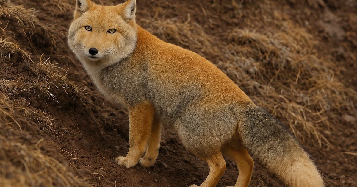 Tibetan fox crouching low in golden plateau grassland watching for prey below