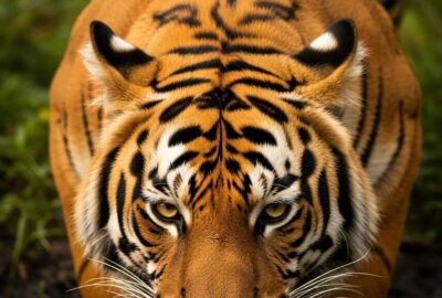 Bengal tiger close-up showing white ocelli spots on the back of its ears