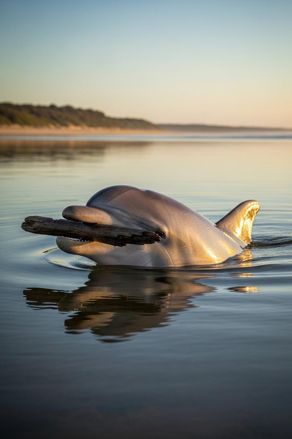 Wild Indo-Pacific bottlenose dolphin surfacing at shoreline holding driftwood in mouth