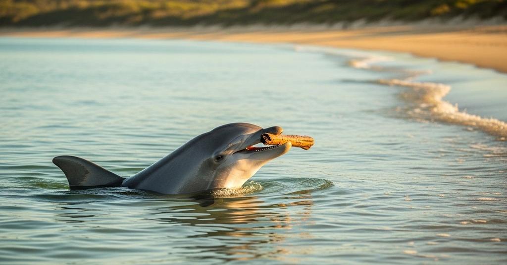 Dolphin waiting at calm Queensland shoreline at golden hour, alone and watchful