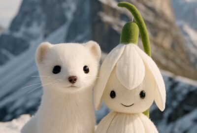 Woman in gold sequined top holding three white plush Olympic mascot toys against blue backdrop