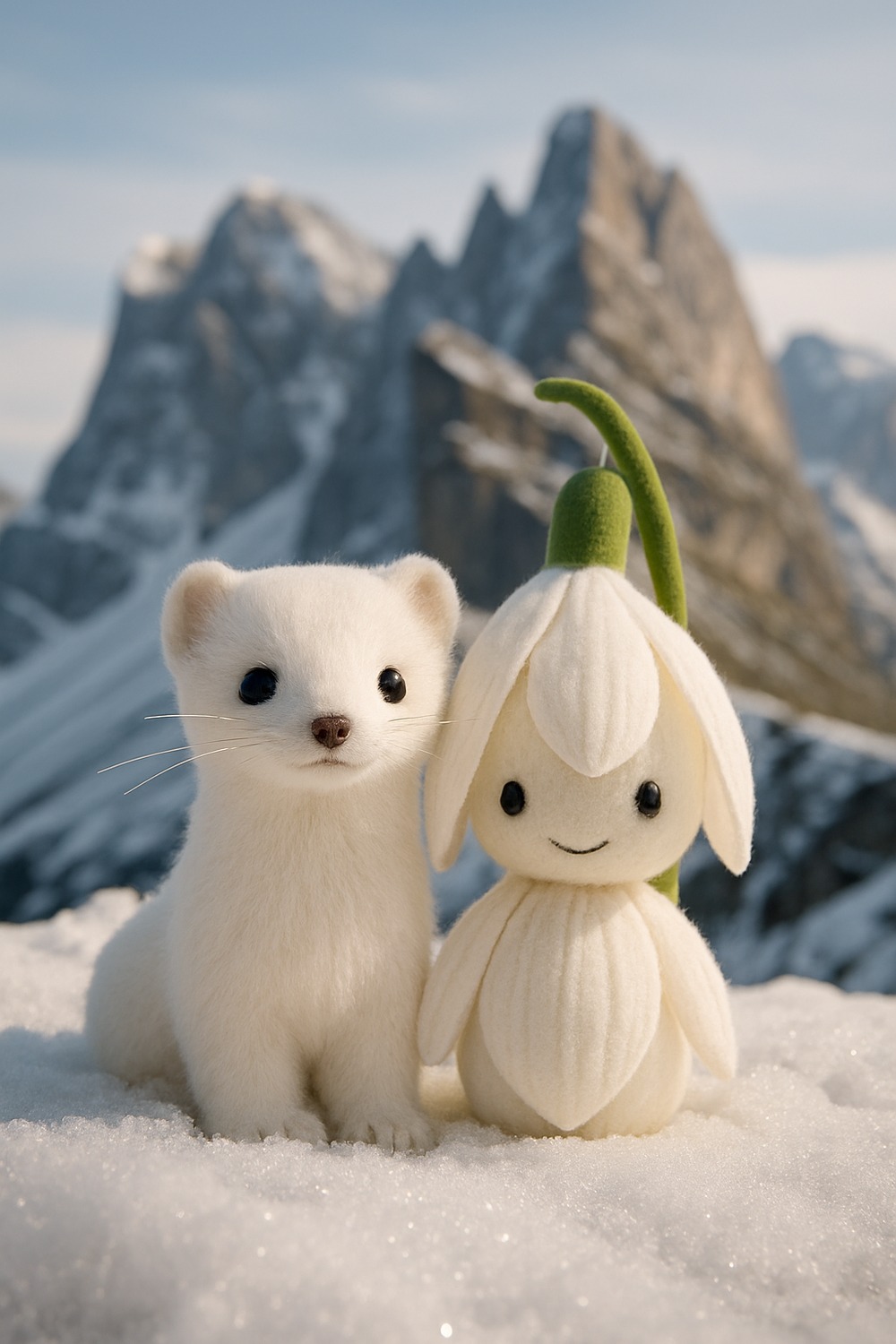 Woman in gold sequined top holding three white plush Olympic mascot toys against blue backdrop