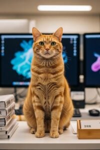 Fluffy tabby cat sitting regally on a Japanese office desk surrounded by paperwork