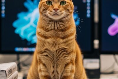 Fluffy tabby cat sitting regally on a Japanese office desk surrounded by paperwork