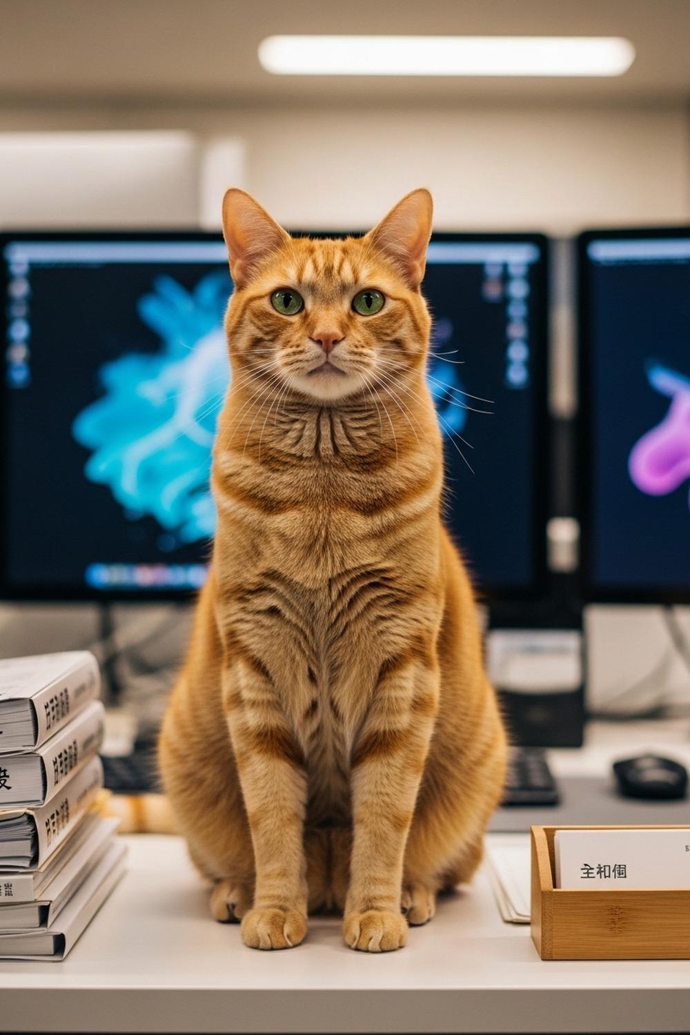 Fluffy tabby cat sitting regally on a Japanese office desk surrounded by paperwork