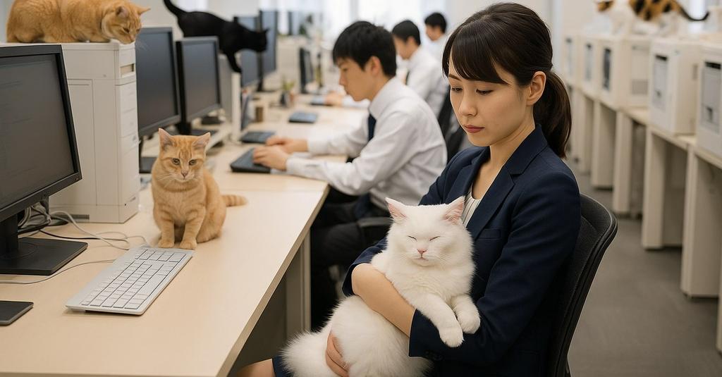 Multiple cats lounging on custom wall shelving inside a modern Tokyo office space